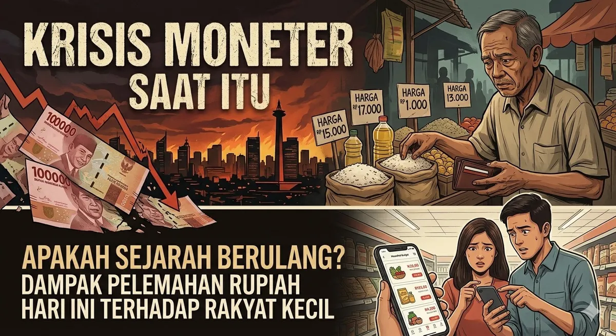 Bayang-bayang kelam Krisis Moneter 1998 yang meruntuhkan Orde Baru kembali menghantui rakyat kecil hari ini. (Sumber: Gemini AI Generated.)