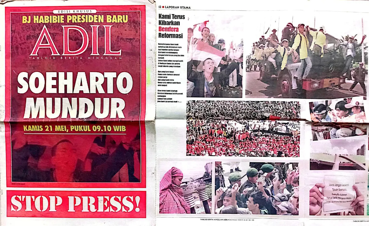 Presiden Soeharto menyatakan pengunduran diri dari jabatannya sebagai Presiden RI pada Mei 1998. (Sumber: Foto dimuat di tabloid berita ADIL edisi Mei 1998)