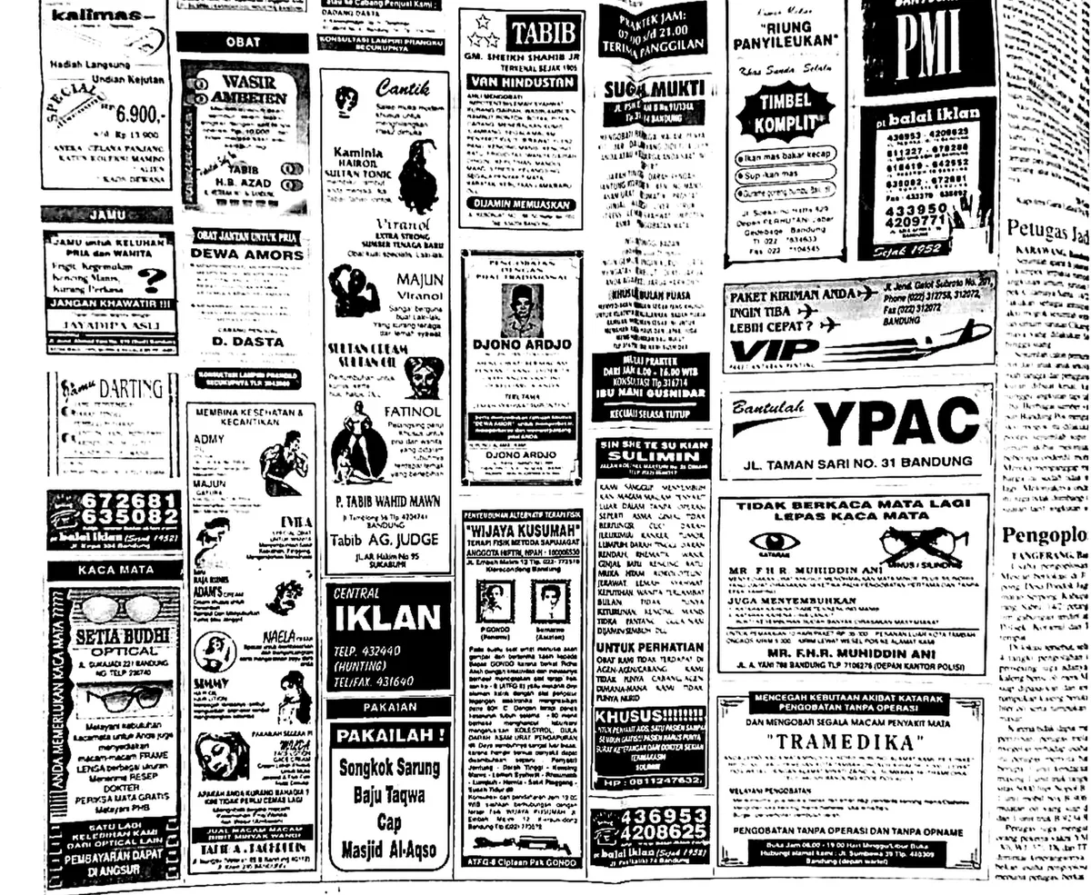 Iklan tabib dan pengobatan alternatif yang dimuat surat kabar Bandung Pos, edisi 27 Februari 1996. Dokumentasi ini menjadi jejak praktik pengobatan alternatif yang pernah menghiasi halaman surat kabar di Kota Bandung. (Foto: Kin Sanubary)