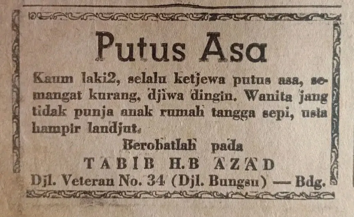 Potongan iklan tabib yang dimuat surat kabar Berdikari Bandung, edisi 28 November 1959. (Foto: Kin Sanubary)