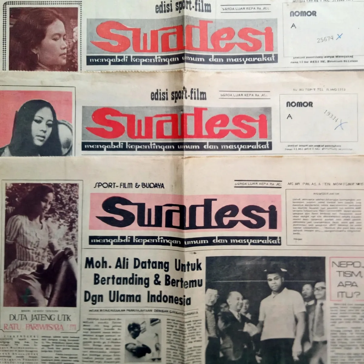 Surat kabar Swadesi, yang terbit pada era 1970-an, menyajikan beragam informasi seputar olahraga, film, dan kebudayaan. Pada masa itu, koran ini dijual dengan harga eceran Rp20,-. (Sumber: Kin Sanubary)