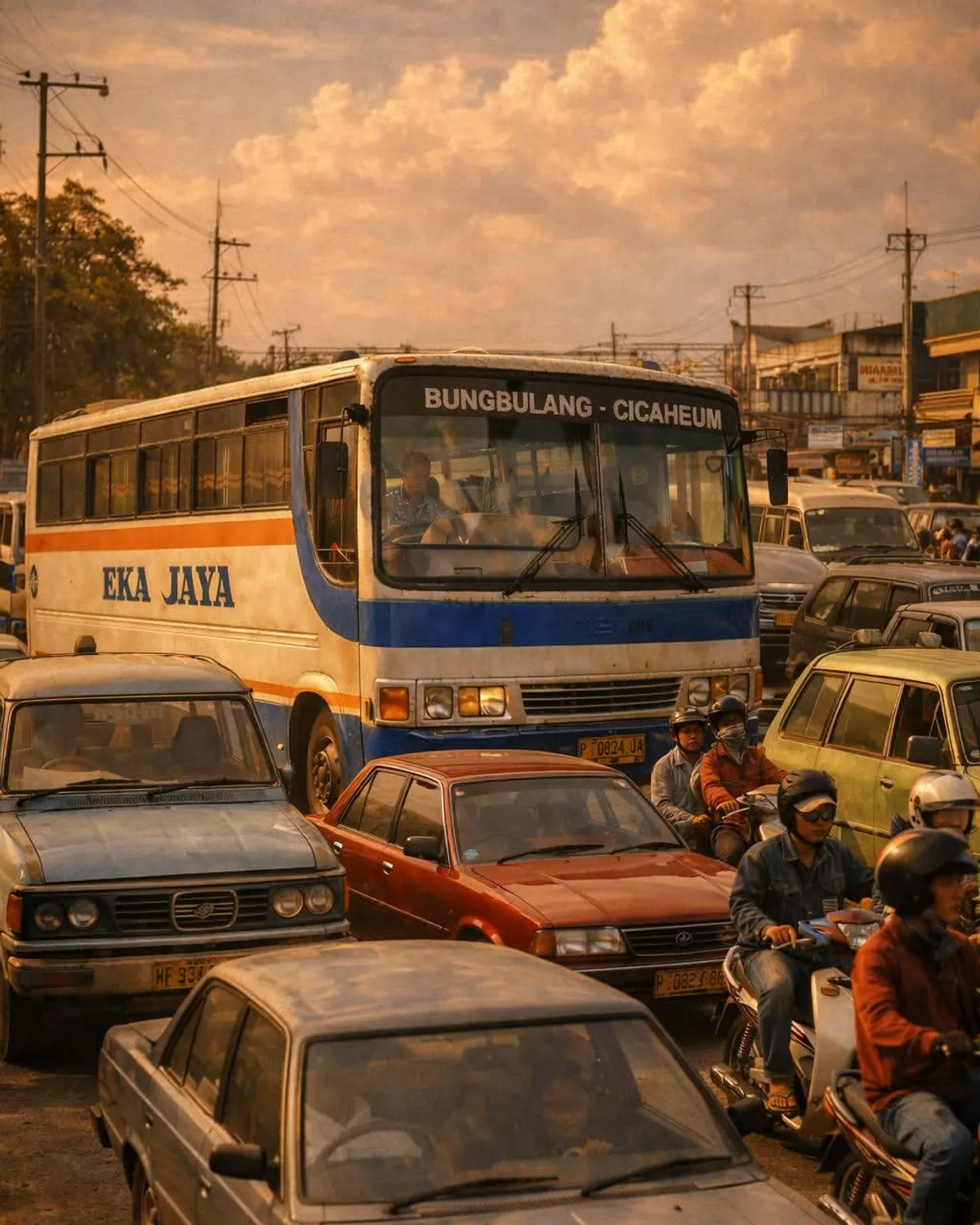 Bus EKA JAYA terjebak di antara sedan dan motor sekitar tahun 90-an, debu beterbangan, klakson bersahut-sahutan. Bukan sekadar macet… ini potongan kenangan perjalanan pulang kampung. 🚌✨ Aya nu ngalaman uih malam minggu macet di CIBIRU? (Sumber: Instagram @nunindrii)