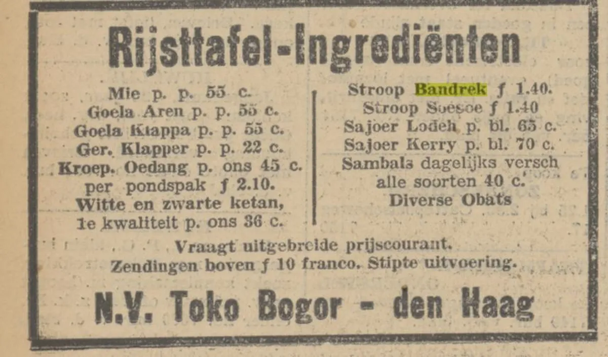 Bandrek menjadi salah satu minuman Rijsttafel yang disediakan Toko Bogor, toko legendaris bernuansa Indonesia di Belanda yang bermula dari toko penyedia bahan makanan dan rempah-rempah asal Hindia Belanda pada masa kolonial. (Sumber: Arnhemsche courant, edisi 24-03-1932)
