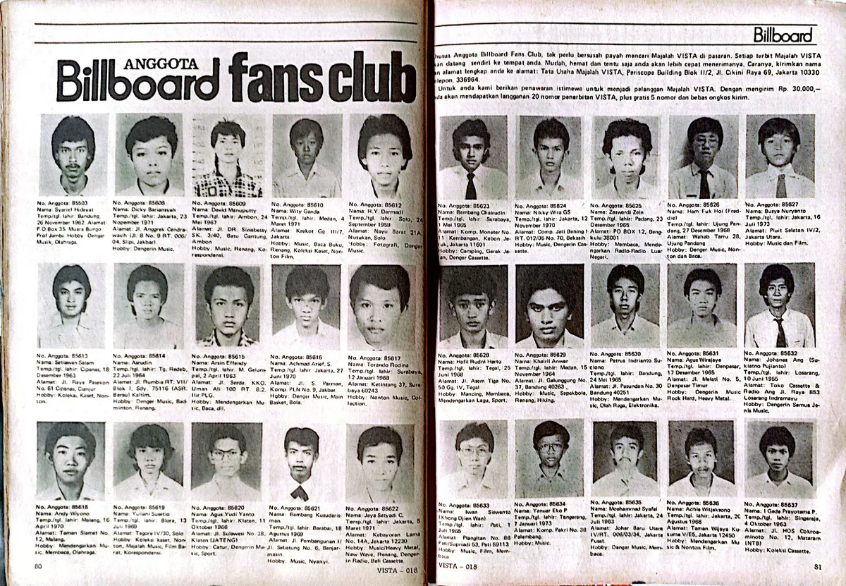 Rubrik “Sahabat Pena – Billboard Fans Club”, salah satu kolom yang diminati para pembaca Majalah Vista pada era 1980–1990-an. (Sumber: Koleksi Majalah Vista milik Kin Sanubary)