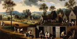 Ilustrasi aktivitas buang tinja abad pertengahan.