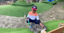 Seoarang anak memberi makan kelinci di area petting zoo Farmhouse Lembang (Sabtu 8/11/25). (Sumber: Fauzi Ananta)