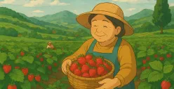 Ilustrasi panen stroberi Ciwidey.
