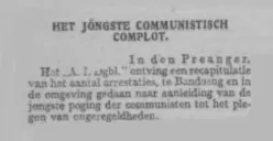 Berita tentang dugaan plot komunis di Bandung di koran De Avondpost edisi 19 Oktober 1927.