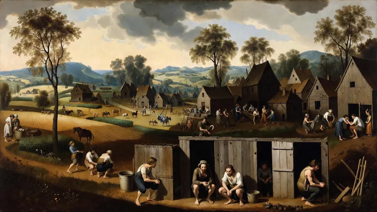 Ilustrasi aktivitas buang tinja abad pertengahan.