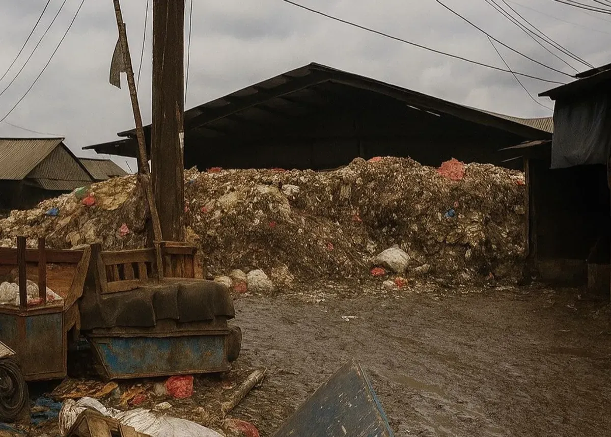 Sampah pasar yang tidak terpilah menumpuk di belakang Pasar Induk Caringin dan mencemari lingkungan pada 4 Desember 2025 (Sumber: Dokumentasi Penulis | Foto: Nadhifa Mudrika)