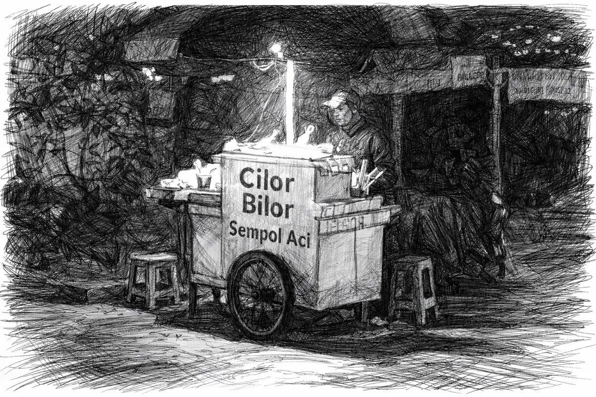 Sore itu, ia tampak mulai menggoreng cilor, bilor, dan sempol acinya di tempat yang tampaknya sepi dan terpencil. (Sumber: Dokumentasi Penulis)