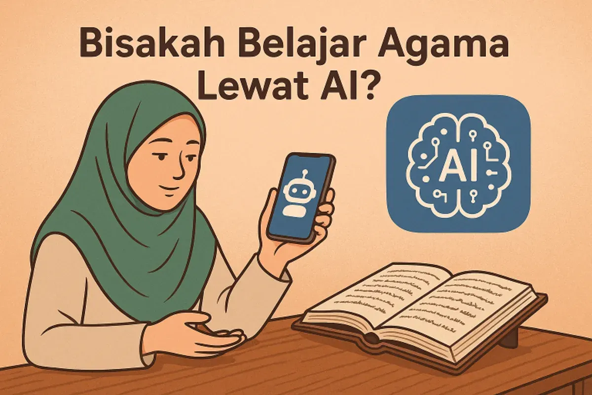 Ilustrasi belajar agama dari kecerdasan buatan (Sumber: 1miliarsantri.net | Foto: AI)