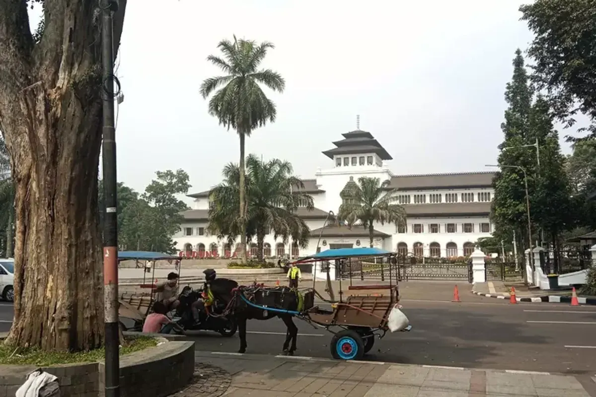 Delman bejajar di depan Gedung Sate, menanti wisatawan yang hendak berkeliling Bandung. (Sumber: ayobandung.com | Foto: Magang Ayobandung/Shilvia Yulianti Sumarna)