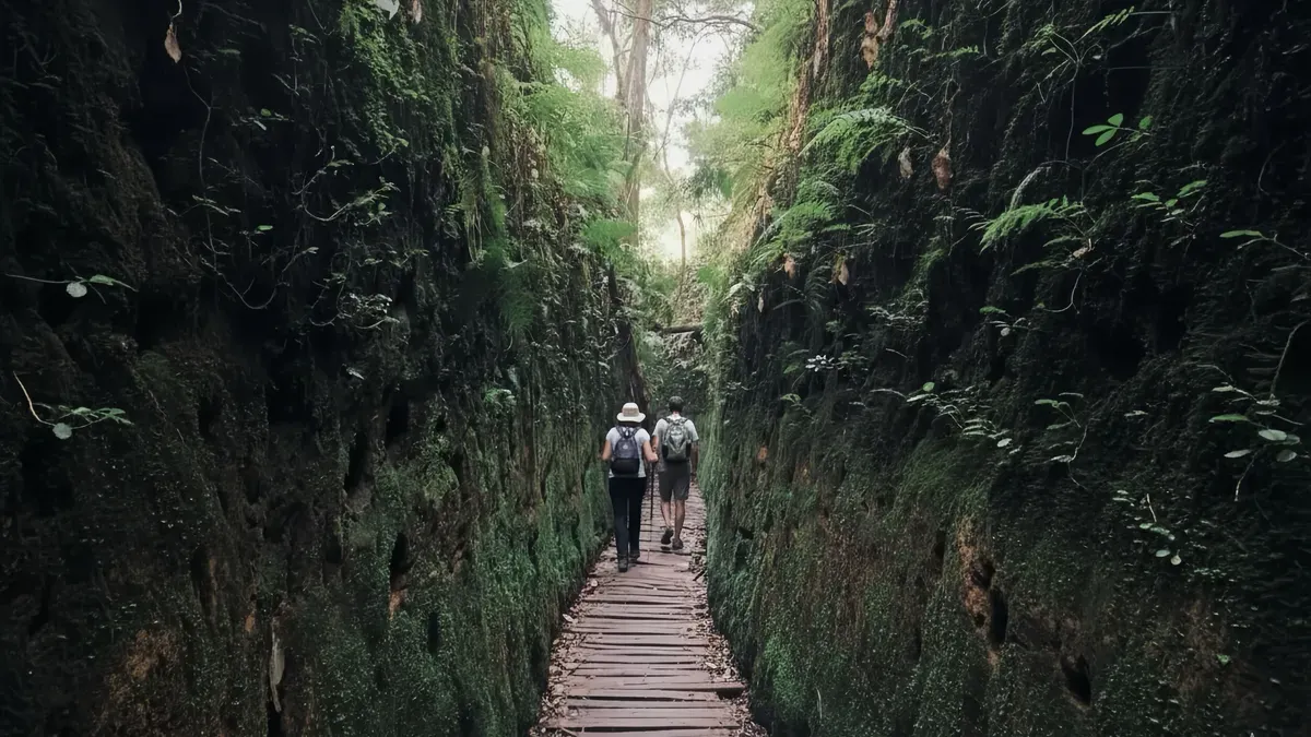Sepasang pengunjung menyusuri lorong berlumut setinggi tiga meter yang dibangun Belanda pada 1936 di Lorong Lumut Jayagiri, Lembang, Sabtu (9/11/2025) (Sumber: Raveyfa Shinta | Foto: Raveyfa Shinta)