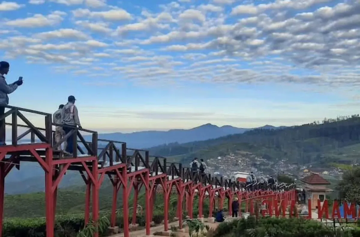 Para wisatawan mengagumi keindahan awan dan hamparan kebun teh dari ketinggian Taman Langit Pangalengan, (5/21/2025). (Sumber: Aqil Athari).