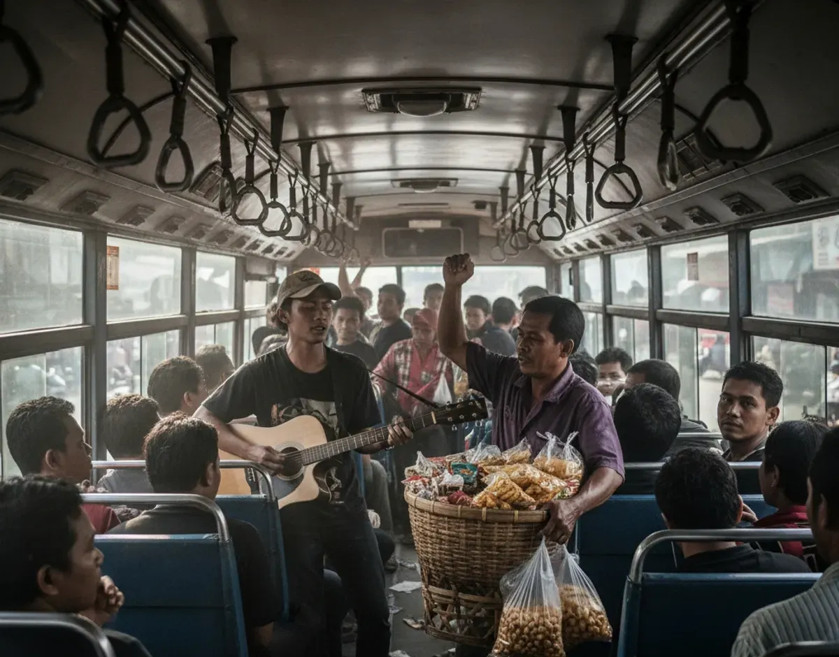 Ilustrasi yang menggambarkan suasana dalam bus DAMRI (Sumber: Gemini AI)