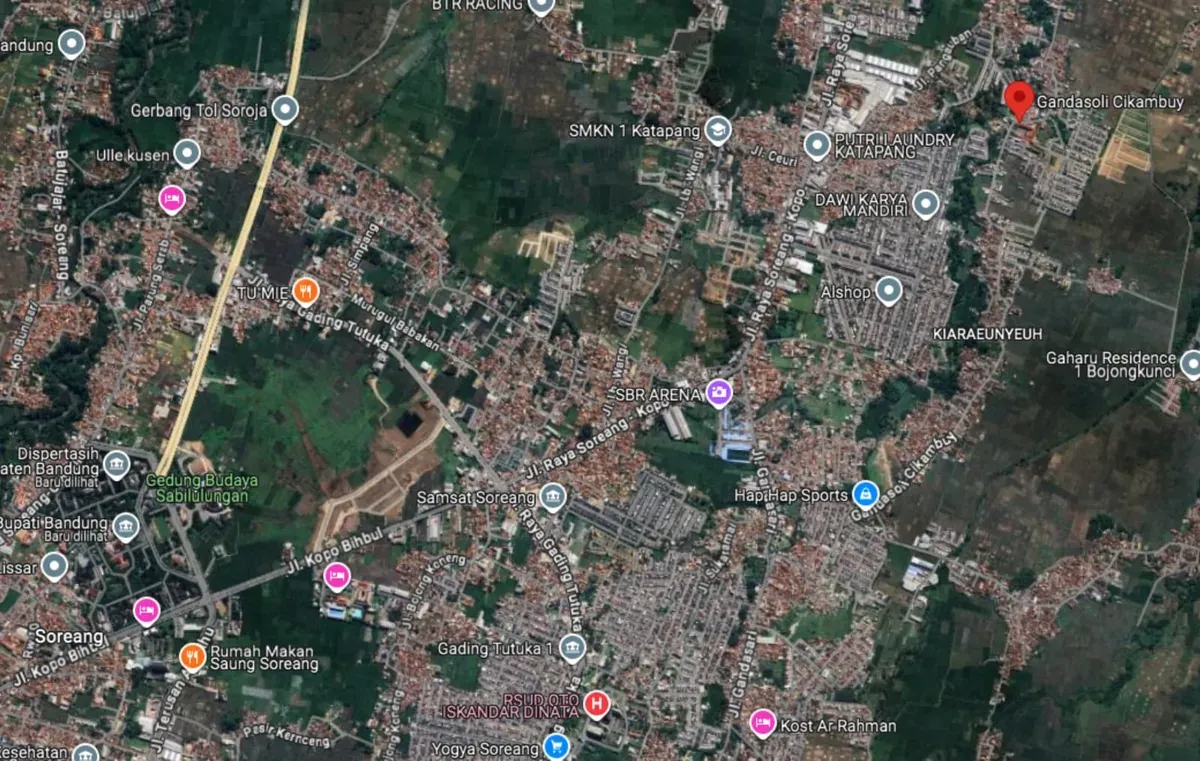 Setidaknya terdapat tujuh nama geografis Gandasoli di Jawa Barat. (Sumber: Citra satelit: Google maps)