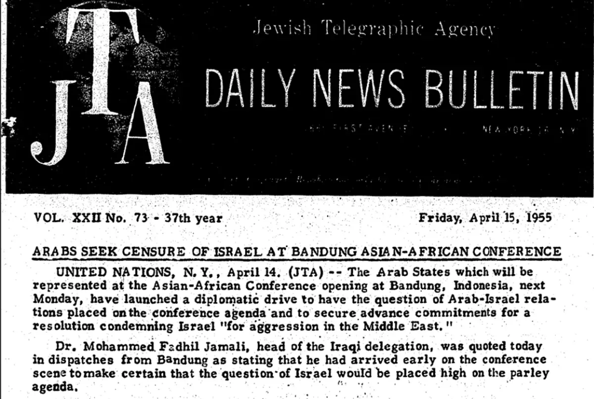 Liputan Media JTA tentang Isu Palestina dan Israel pada Momen Konferensi Asia-Afrika 1955 (Sumber: https://www.jta.org/archive/arabs-seek-censure-of-israel-at-bandung-asian-african-conference | Foto: Arfi Pandu Dinata)