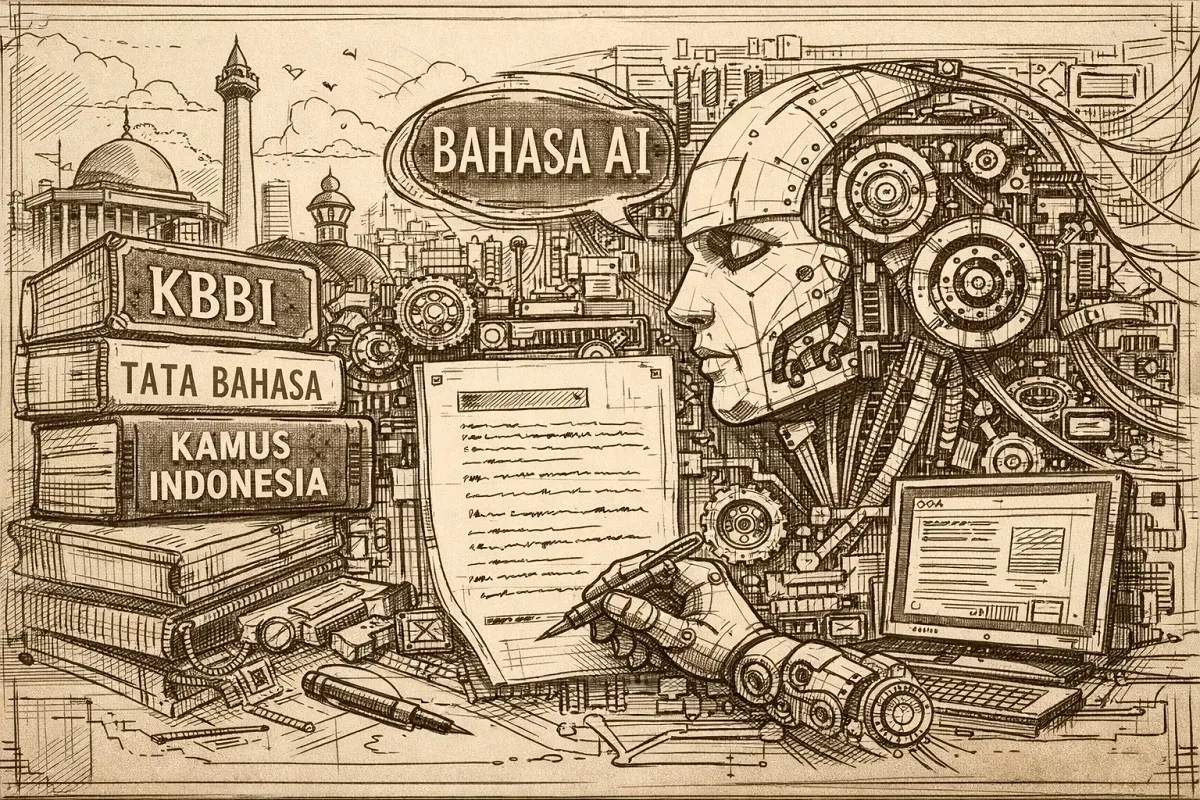 Ilustrasi bahasa mesin yang menentukan algoritma. (Sumber: Sketsa oleh ChatGPT)