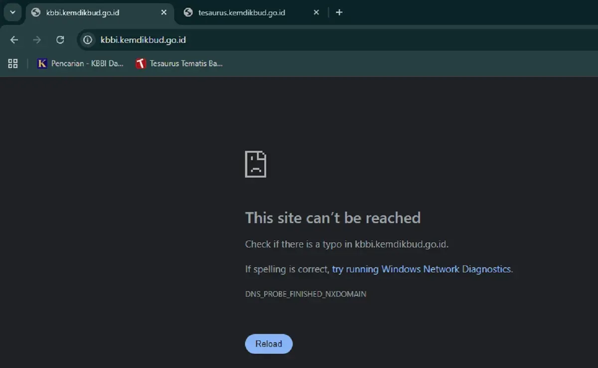 Website KBBI Online yang mengalami gangguan (28 Januari 2026). (Sumber: Tangkapan Layar situs KBBI Online)