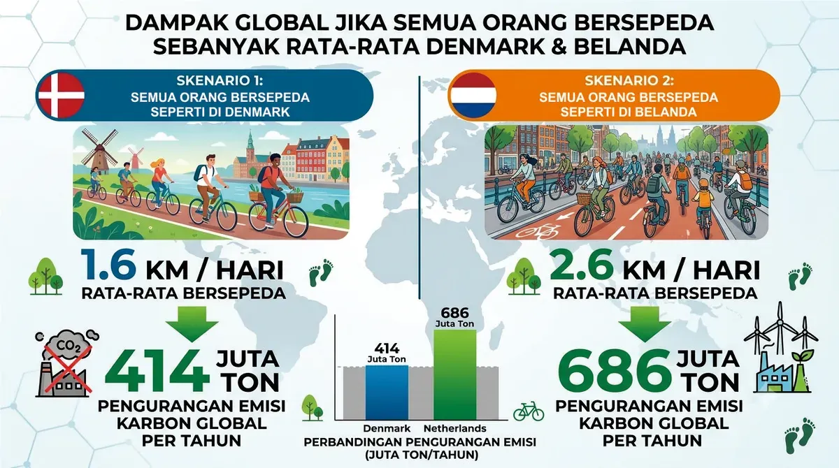 Dampak global jika semua orang di dunia bersepeda sebanyak rata-rata orang Denmark dan Belanda. (Sumber: Dok. Penulis)