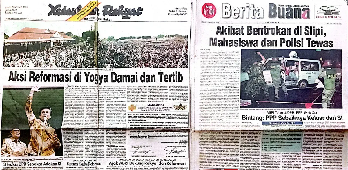 Sejumlah surat kabar menyoroti gelombang demonstrasi pada era Reformasi Mei 1998. (Sumber: Surat kabar Kedaulatan Rakyat dan Berita Buana | Foto: koleksi Kin Sanubary)
