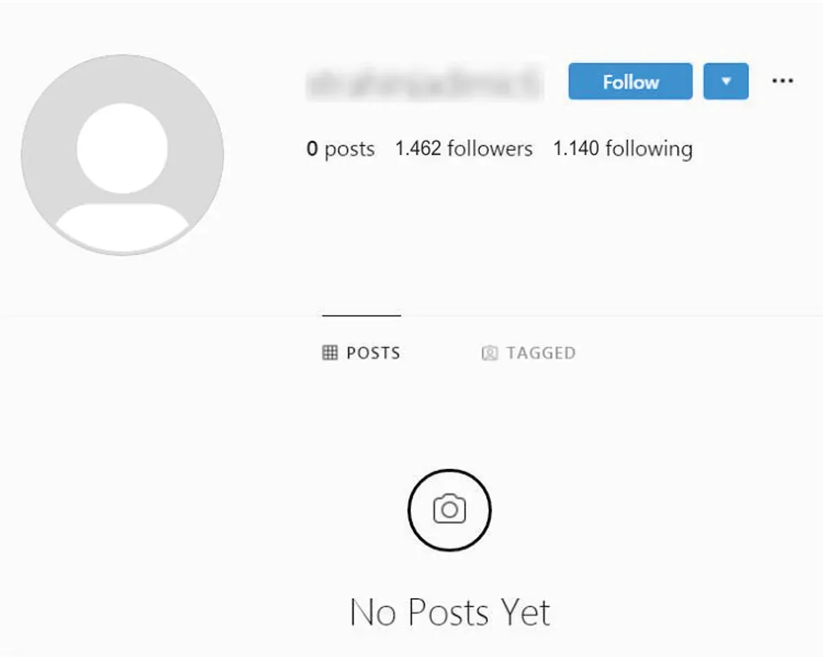 Ilustrasi profil Instagram dengan banyak followers dan following tetapi feed kosong tanpa postingan. (Sumber: Dok. Penulis)