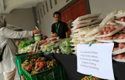 Pengunjung belanja pada Gelar Produk Pasar Tani di Bale Asri Pusdai, Jalan Diponegoro, Kota Bandung, Selasa, 18 Maret 2025. (Sumber: Ayobandung.id | Foto: Irfan Al-Faritsi)