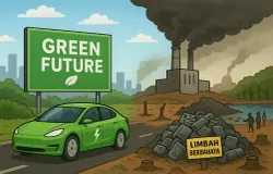 sisi gelap mobil listrik di Indonesia yang masih bergantung batu bara, menimbulkan kerusakan hutan, serta limbah baterai beracun. (Ilustrasi oleh AI)