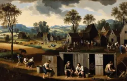 Ilustrasi aktivitas buang tinja abad pertengahan.