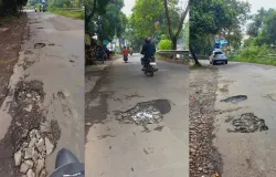 Lubang lubang dan tambalan di jalan kali inspeksi Kali Cidurian, Bandung, membuat warga sekitar tidak nyaman mengendara. Bandung Rabu, 3 Desember 2025. (Foto: Dokumentasi Seyshara Azizah)