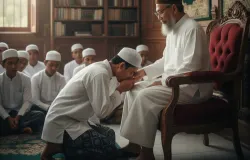 Ilustrasi Santri Mencium Tangan Kiyai (Sumber: Gemini AI)