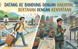 Ilustrasi perantau baru yang penuh semangat dan harapan saat pertama kali tiba di Bandung (kiri), yang kemudian dihadapkan pada kenyataan pahit perjuangan hidup di kota (kanan). (Foto: Gambar dihasilkan oleh Gemini, 2026.)
