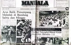 Halaman muka Harian Umum MANDALA Bandung, terbitan 13 Juni 1986, yang menyoroti membludaknya arus balik Lebaran menuju Kota Bandung. (Sumber: Dokumentasi Penulis)