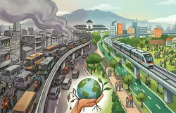 Ilustrasi yang menggambarkan kontradiksi antara transportasi polutif dan transportasi berkelanjutan, dengan fokus pada pelestarian bumi. (Sumber: Google Gemini, 2026)