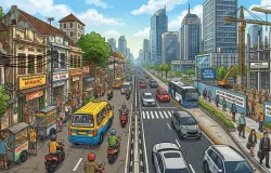 Kontras Bandung lama dan baru, sisi kiri menggambarkan kota yang padat dan klasik, sementara sisi kanan menampilkan bayangan kota modern yang sedang dibangun menuju perubahan. (Sumber: Ilustrasi Dihasilkan oleh Gemini AI)