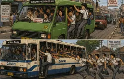 Ilustrasi angkutan kota dan bus DAMRI di tahun 80-an. (Sumber: Ilustrasi gambar hasil dari AI)