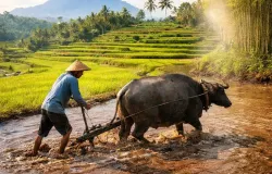 Asyiknya membajak sawah menggunakan kerbau dulu, kini digantikan perannya oleh traktor (Sumber: Instagram @kangnandarvlog)
