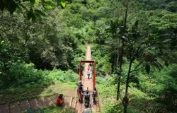 Sejumlah pengunjung berfoto di Jembatan Gantung Curug Koleang, Kawasan Taman Hutan Raya (Tahura) Djuanda, Bandung, Sabtu (9/2/2019). (Sumber: Ayobandung.id | Foto: Irfan Al-Faritsi)
