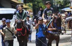 Wisatawan menikmati wahana kuda tunggang di kawasan Jalan Cilaki, Kota Bandung, pada momen libur hari raya Idulfitri 2026. (Sumber: ayobandung.id | Foto: Irfan Al Faritsi)