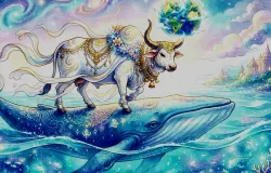 Gambar tafsir baru mitologi gempabumi. Bola bumi berada di ujung tanduk sapi yang berdiri di atas paus. Bila paus dan sapi bergerak, terjadilah gempabumi. (Sumber: Dok. T Bachtiar)