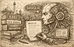 Ilustrasi bahasa mesin yang menentukan algoritma. (Sumber: Sketsa oleh ChatGPT)