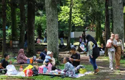 Pegunjung memanfaatkan Kawasan Kebun Binatang Bandung yang rindang dan sejuk untuk berkumpul dan makan bersama. (Sumber: ayobandung.id | Foto: Irfan Al Faritsi)