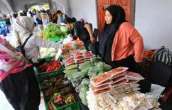 Pengunjung belanja pada Gelar Produk Pasar Tani di Bale Asri Pusdai, Jalan Diponegoro, Kota Bandung, Selasa 18 Maret 2025. (Sumber: Ayobandung.com | Foto: Irfan Al-Faritsi)