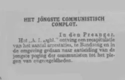 Berita tentang dugaan plot komunis di Bandung di koran De Avondpost edisi 19 Oktober 1927.