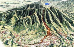 Terlihat punggungan di antara lembah yang curam dan dalam. Longsor terjadi ketika ada gangguan kestabilan lereng. (Sumber: Istimewa)