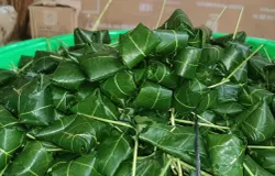 Peuyeum Ciruluk khas Kalijati, Kabupaten Subang, memiliki ciri khas dibungkus menggunakan daun muncang (daun kemiri), sehingga tampil alami sekaligus membantu menjaga cita rasa dan kualitas produknya. (Foto: Kin Sanubary)