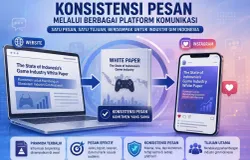 Ilustrasi menggambarkan konsistensi penyampaian pesan industri gim melalui website dan media sosial. 