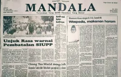 Halaman muka Harian Umum MANDALA memuat berita utama unjuk rasa mahasiswa Bandung warnai pembredelan tiga media cetak ibu kota: Tempo, Editor dan Detik. (Sumber: Koleksi dan foto Kin Sanubary)