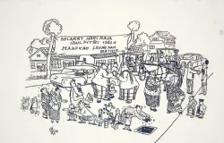 Karikatur klasik yang menggambarkan suasana perayaan Idulfitri 1383 H tahun 1964 di Bandung. (Sumber: Dokumentasi Penulis)